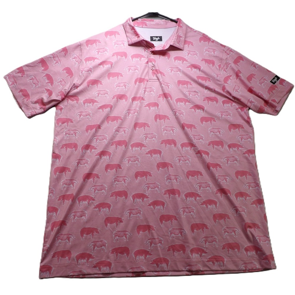 Waggle Men Pink All Over Pig Print Golf Polo Shirt Performance Athletic 2XL Logo